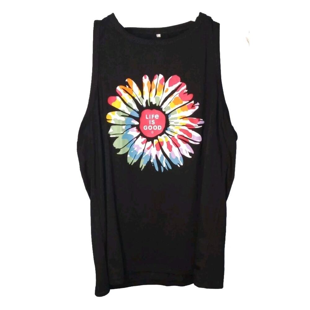NWOT Women’s Life is Good Black Tank Top L Colorful Rainbow Daisy Graphic Tee